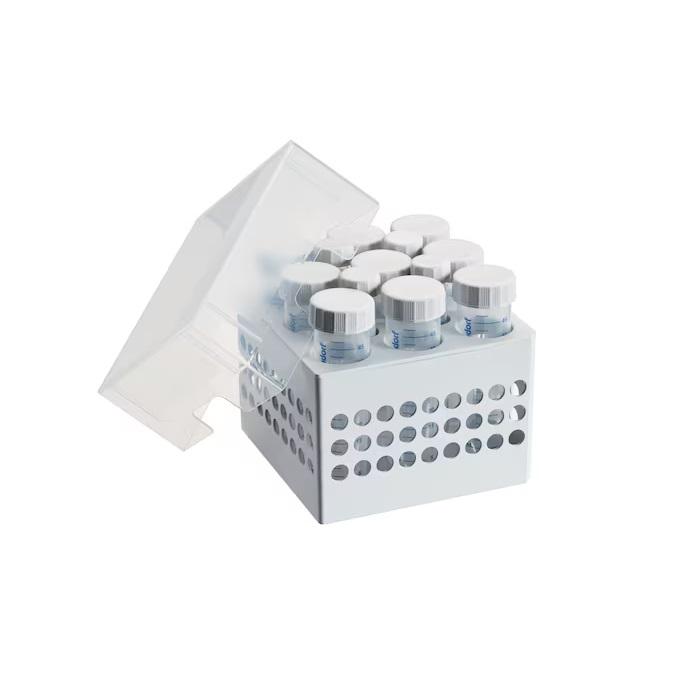 Eppendorf Storage Box 3 × 3, freezer box, for 9 tubes 50 mL and 4 tubes 15 mL, 2 pcs., height 127 mm, 5 in, polypropylene, for freezing to -86 °C, autoclavable, with lid