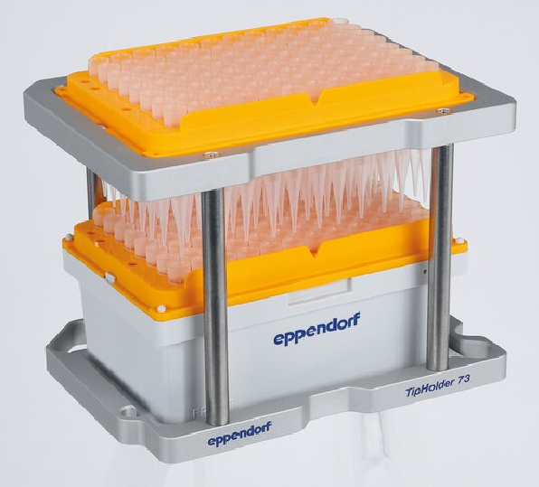 epMotion® TipHolder 73, enables positioning epT.I.P.S.® Motion Reload trays above a rack of epT.I.P.S.® Motion and thus doubles the tip capacity in an ANSI/SLAS position, reusable and autoclavable, epBlue 40.7 or higher required